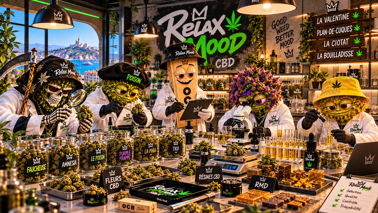Les mascottes Relax Mood contrôlent la qualité des fleurs et résines dans leur laboratoire